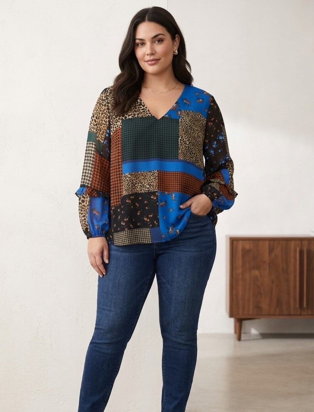 Calvin Klein Blue, Brown and Black Patchwork V-Neck Blouse Size 3X